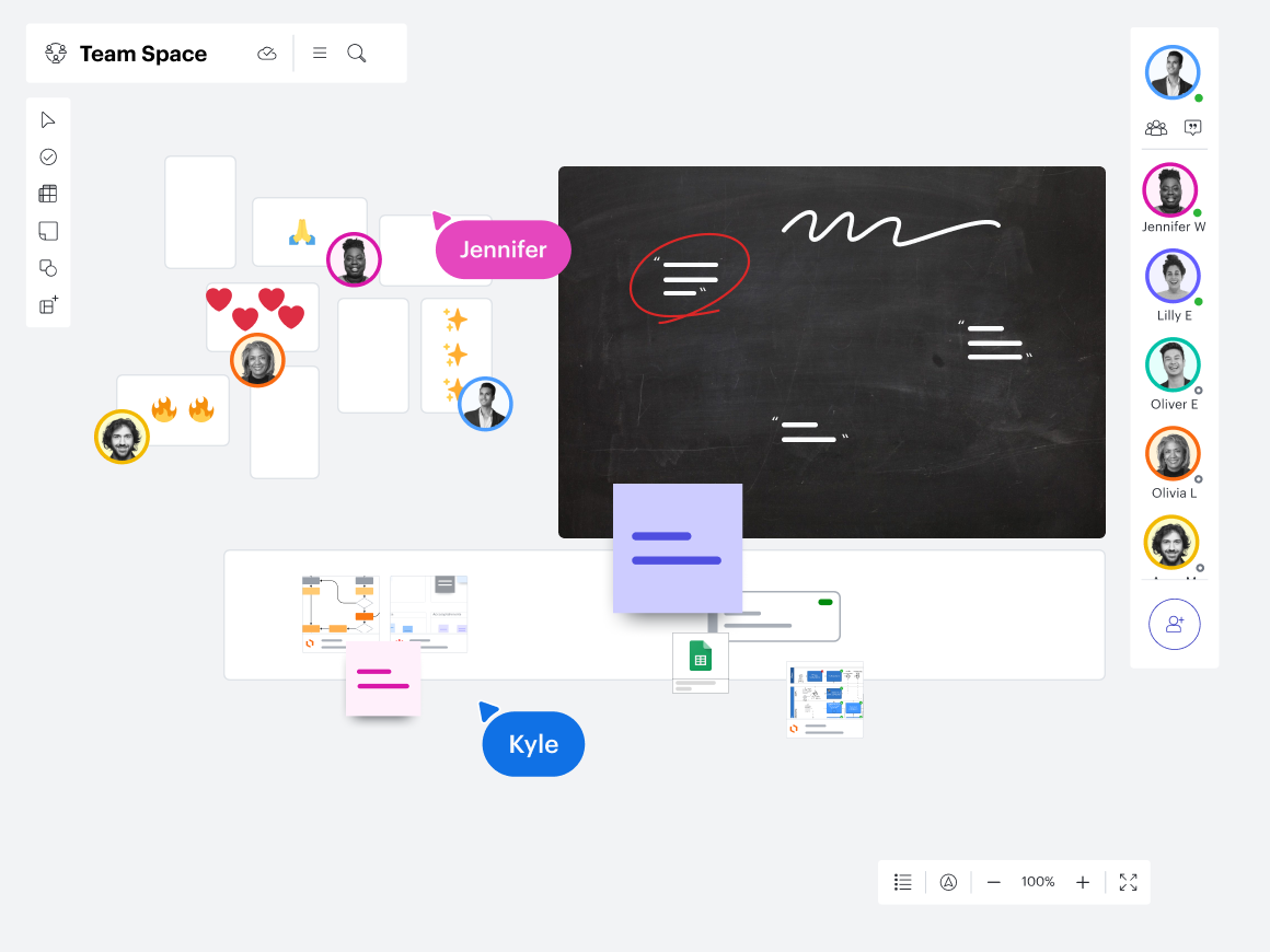 Team Spaces in Lucid with multiple cursors, sticky notes, links, and emoji reactions