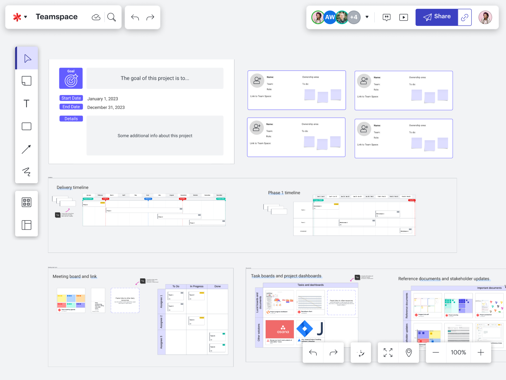 A generic team space in Lucid with timelines, a Dynamic Table, and embedded project links