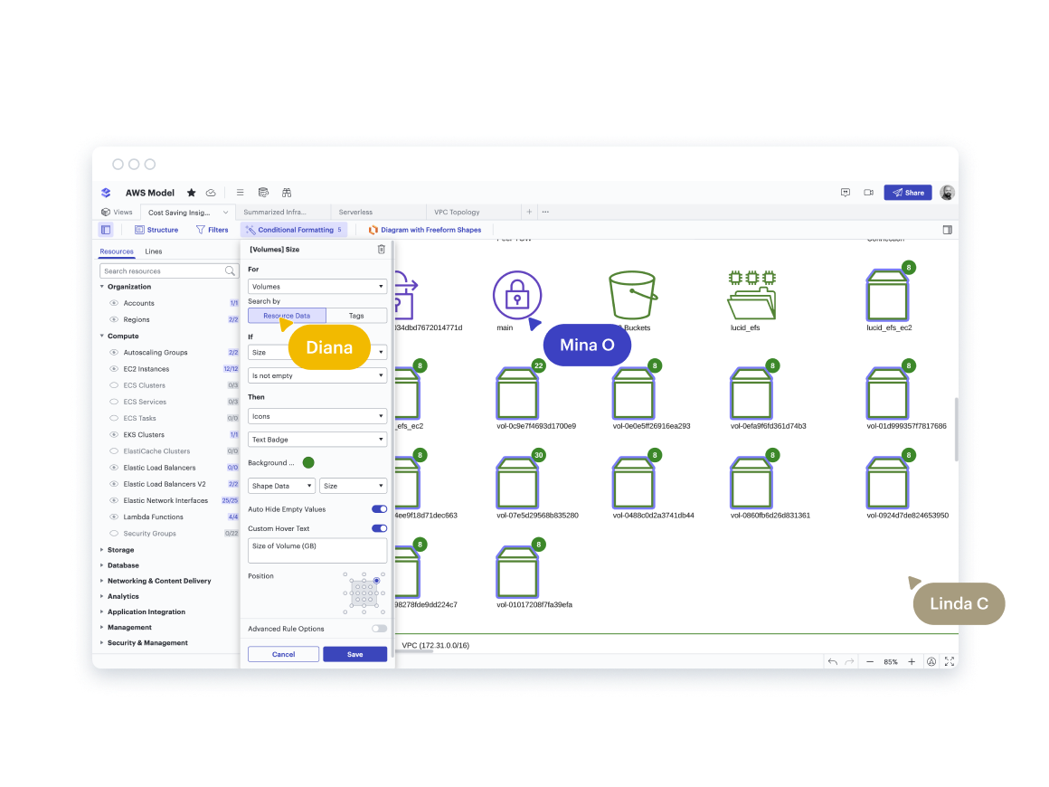 AWS Model in Lucidscale with conditional formatting rule for volume sizes