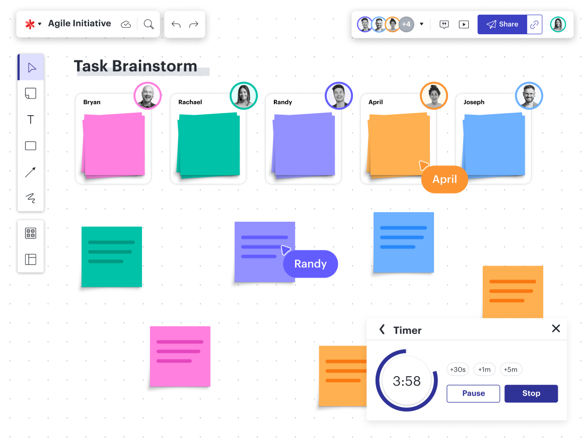 A Lucidspark board with an Agile task brainstorm and a timer overlay